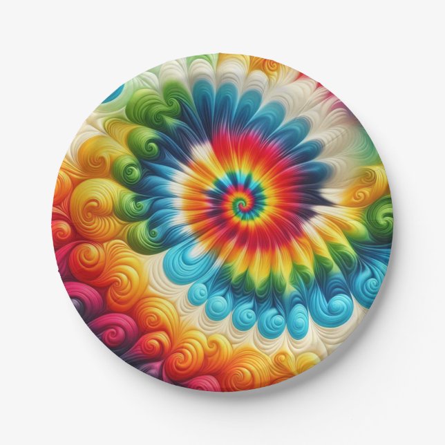 Assiettes en papier Tie-Dye arc-en-ciel psychédéli (Devant)