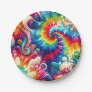 Assiettes en papier Tie-Dye arc-en-ciel psychédéli