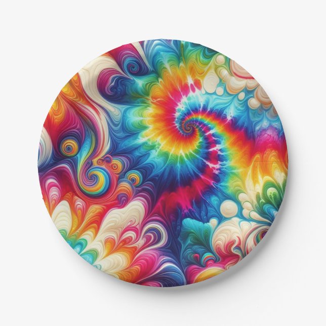 Assiettes en papier Tie-Dye arc-en-ciel psychédéli (Devant)