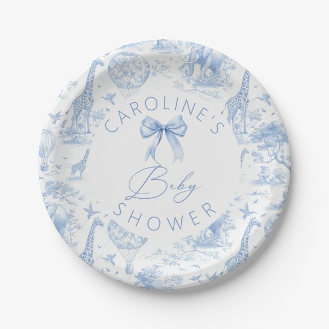 Assiettes en papier Toile de Jouy bleue pour Baby  (Devant)