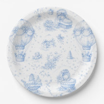 Assiettes en papier Toile de Jouy bleue pour Baby