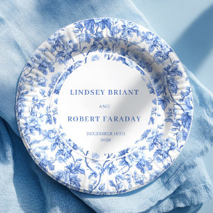 Assiettes en papier toile de Jouy roses bleues pou