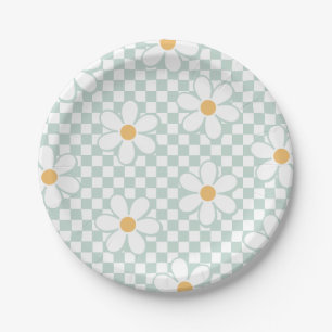 Assiettes en papier vert menthe à carreaux rétro a