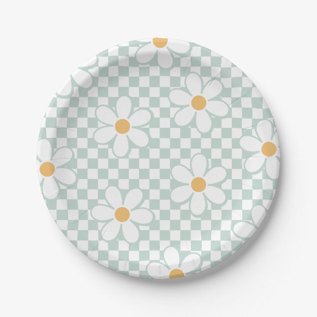 Assiettes en papier vert menthe à carreaux rétro a (Devant)