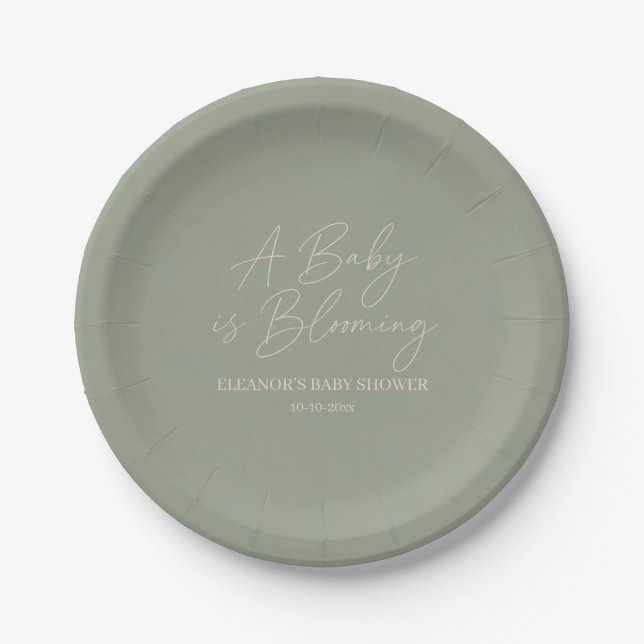 Assiettes en papier Vert Sauge Bébé en Fleur (Devant)