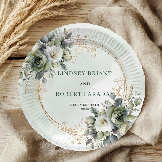 Assiettes en papier vert sauge botanique mariage b (Bohemian Sage Green Botanical Wedding Paper Plates)