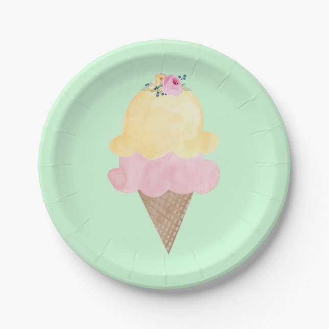 Assiettes en papier vertes cône de glace aquarelle (Devant)
