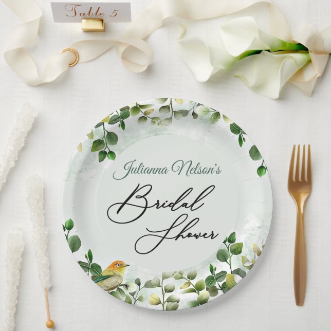 Assiettes en papier vertes et oiseaux (Mariage)