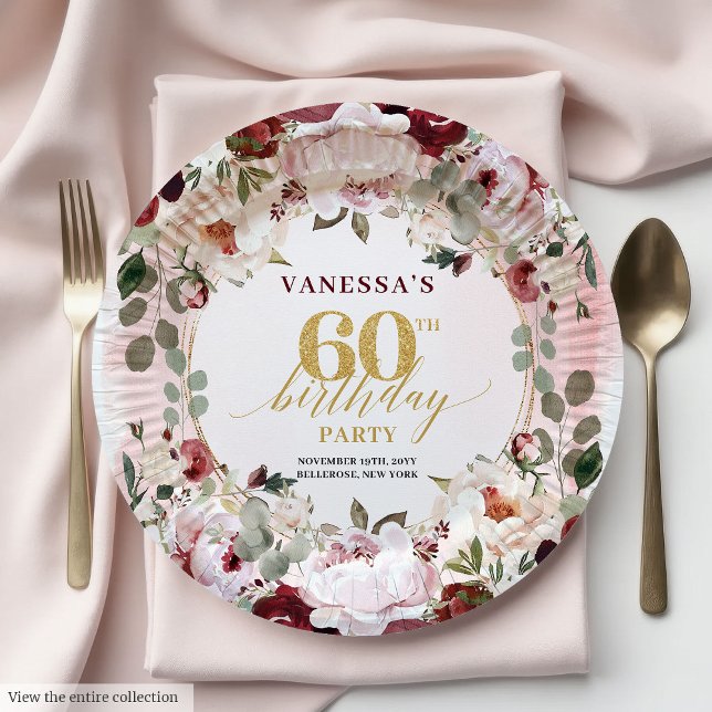 Assiettes Roses Dorées Fuschia Bohème Vintage (Vintage Boho Burgundy Blush Gold Roses Plates

)