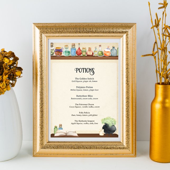 Assistant Party Cocktail Menu Carte Poster (Wizard Party Drinks Menu with Potions Design)