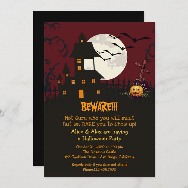 Attention Maison hantée Halloween invitation de la (Devant / Derrière)