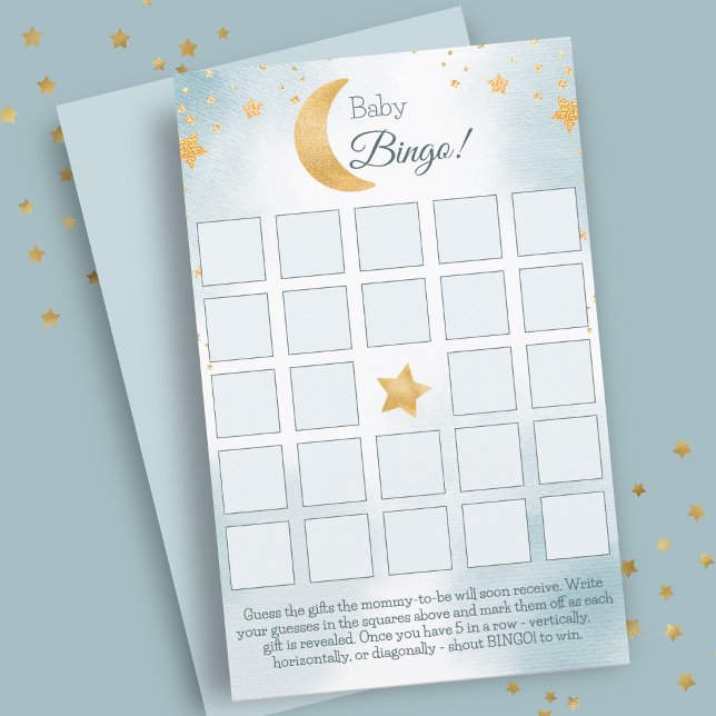 Au-dessus de la Lune Blue Boy Baby shower Bingo Ca (Over the Moon Blue Boy Baby Shower Bingo Card)
