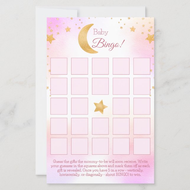 Au-dessus de la lune rose fille Baby shower carte  (Devant)