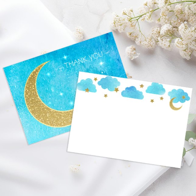 Au-dessus du Carte de remerciements du Baby shower (Blank thank you note card - Blue watercolor)