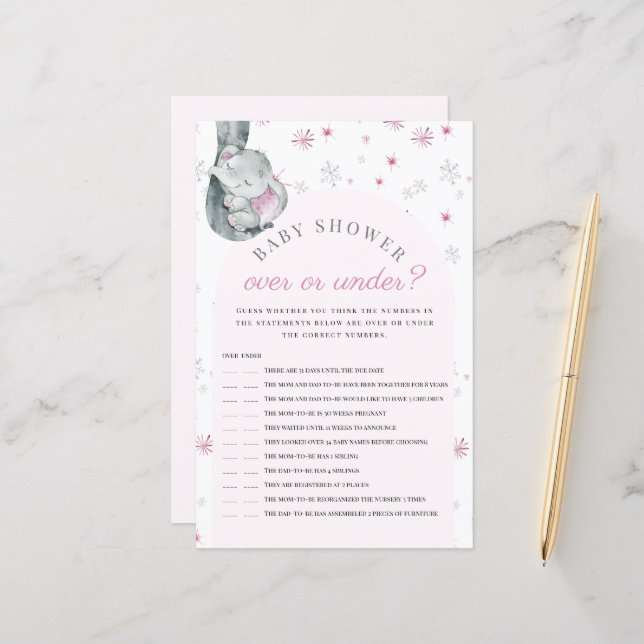 Au-Dessus Ou Sous Le Jeu Baby shower Rose Éléphant (Devant/Arrière en situation)