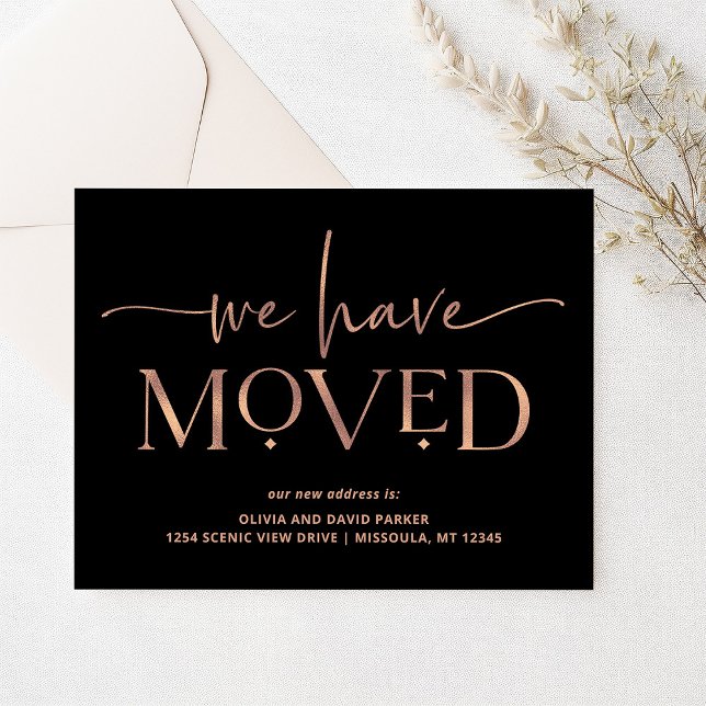 Audacieux et moderne | Carte postale Faire-part mo (Faux rose gold and black change of address postcards)