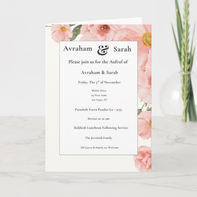 Aufruf Pink Watercolor Wedding Jewish Invitation (Devant)