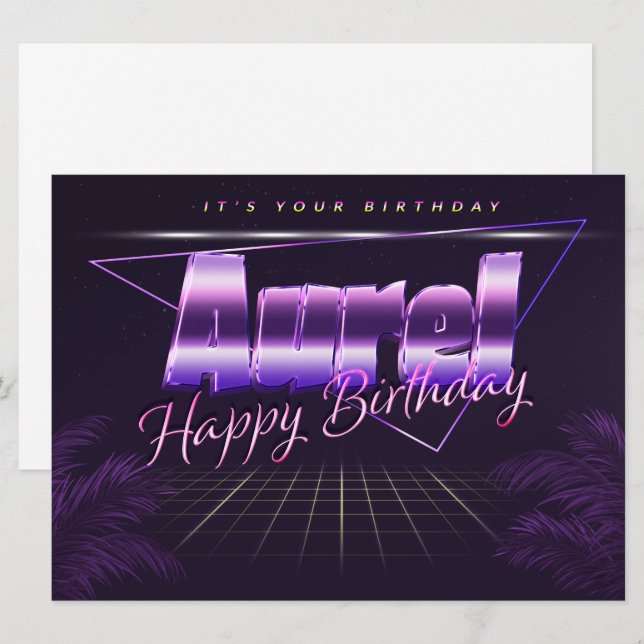 Aurel prénom nom carte rétro lilas pour un anniver (Devant / Derrière)