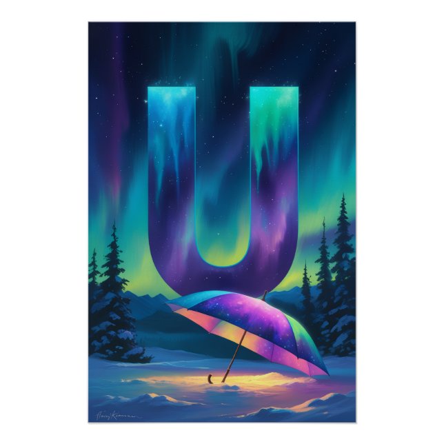 Aurora Letter U Poster | Northern Lights Art (Devant)