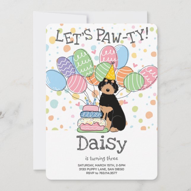 Aussiedoodle noir Tan Invitation de fête d'anniver (Devant)
