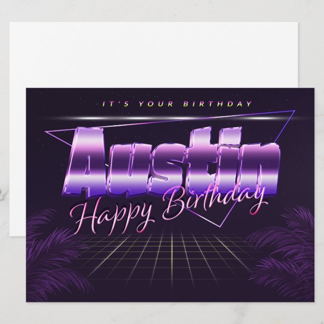 Austin Nom Prénom lila retro Carte Anniversaire (Devant / Derrière)