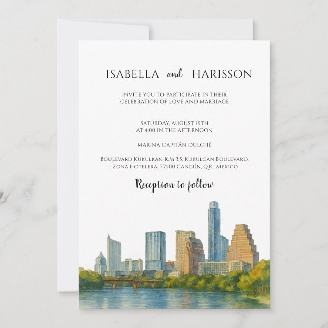 Austin Skyline Destination Wedding Invitation (Devant)