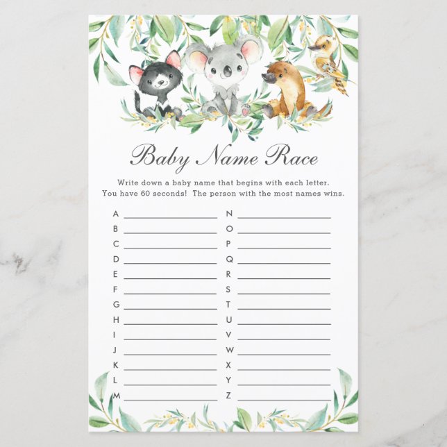 Australian Animals Baby Name Race Baby shower Jeu (Devant)