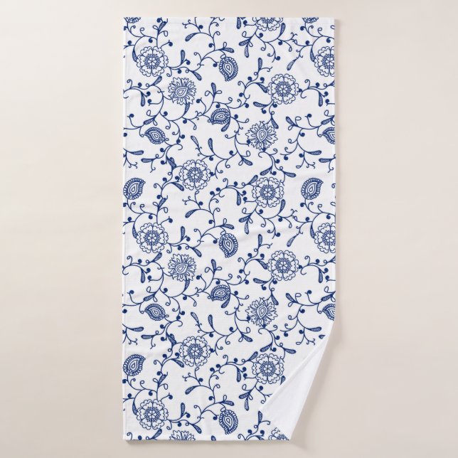 Australie Style Hamptons Bleu Blanc Motif Floral (Serviette de bain)