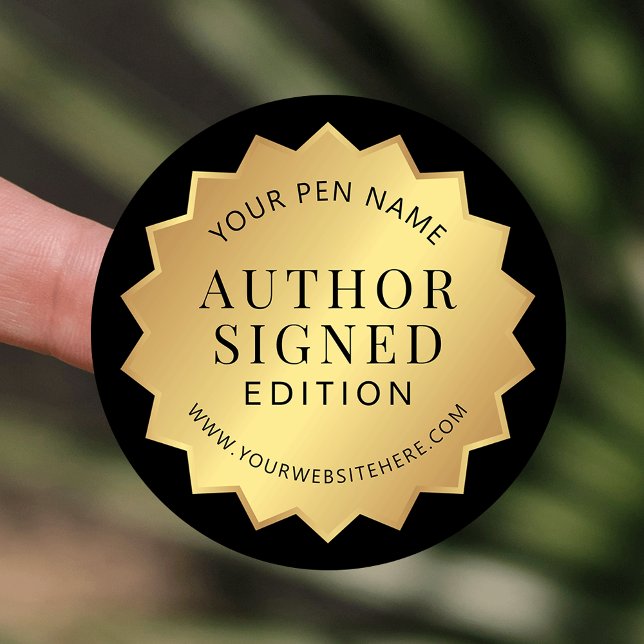 Auteur Signé Édition Or Sticker Signer Livre Or (Black and faux gold customizable Signed by Author round stickers)