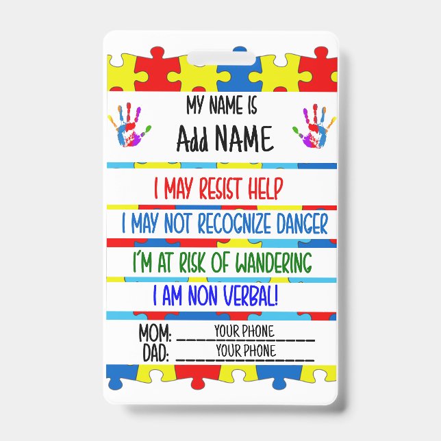 Autism Alert Non verbal Autistic Contact Badge (Front)
