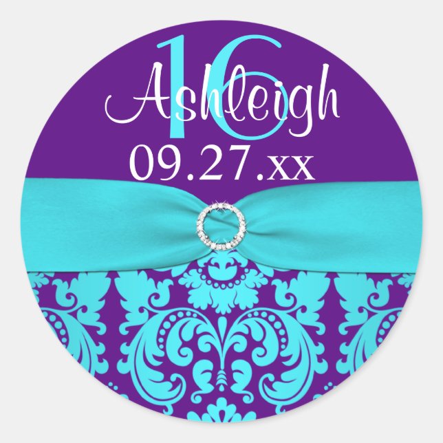 Autocollant 1,5" pourpre, turquoise Damask Sweet 1 (Devant)