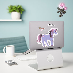 Autocollant à licorne violette et à libellule