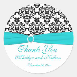 Autocollant Aqua, White et Black Damask 3" rond