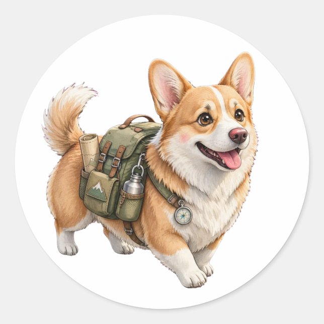 Autocollant aquarelle Aventure de randonnée Corgi (Devant)