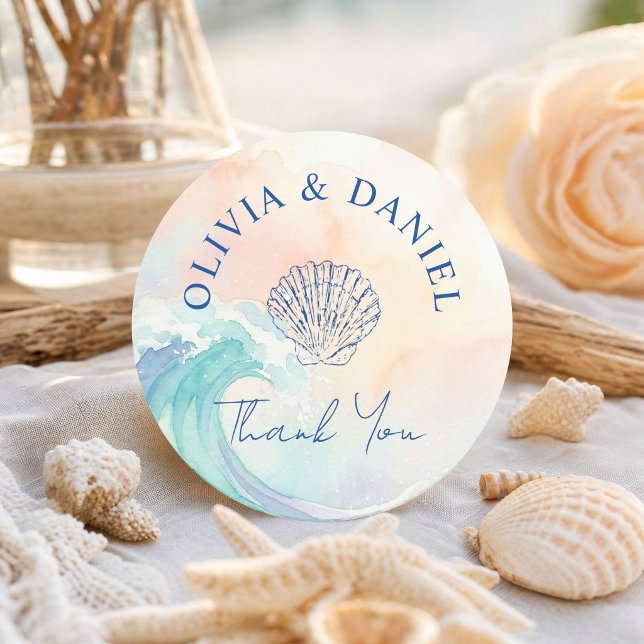 Autocollant aquarelle pastel élégant | Douce rose  (#beachsticker #wavesthankyousticker #weddinglabel #watercoloroceanthankyou #blushpinkblue #shellsti)