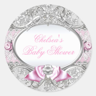 Autocollant Baby Shower à ruban floral rose et arg