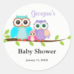 Autocollant Baby Shower Famille de Hiboux Mignons 