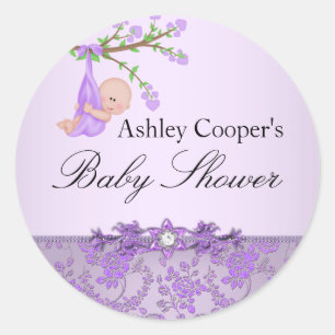 Autocollant Baby Shower Jardin de Roses Violettes