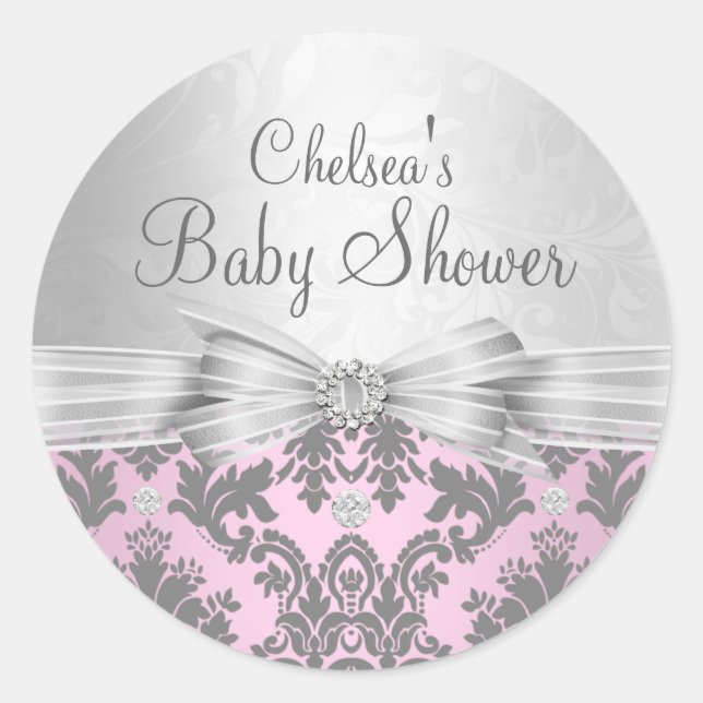 Autocollant Baby Shower Rose & Argent Damassé (Devant)