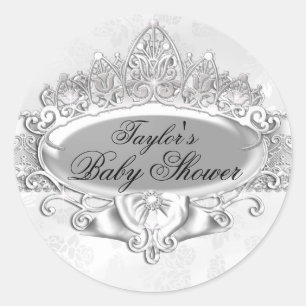Autocollant Baby Shower Tiara & Damask Argenté