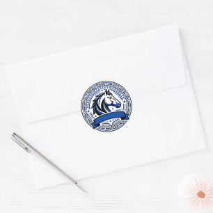 Autocollant Badge Cheval Bleu Avec Cadre Ornementa