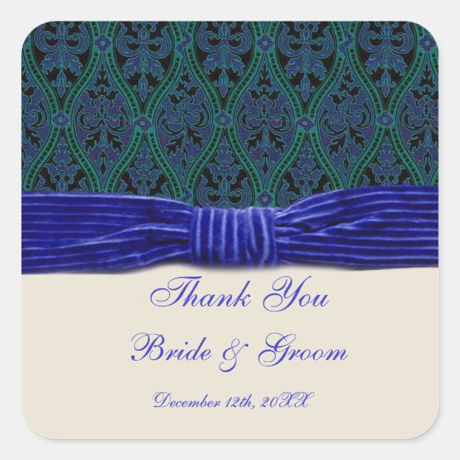 autocollant bleu damas et ruban mariage (Devant)