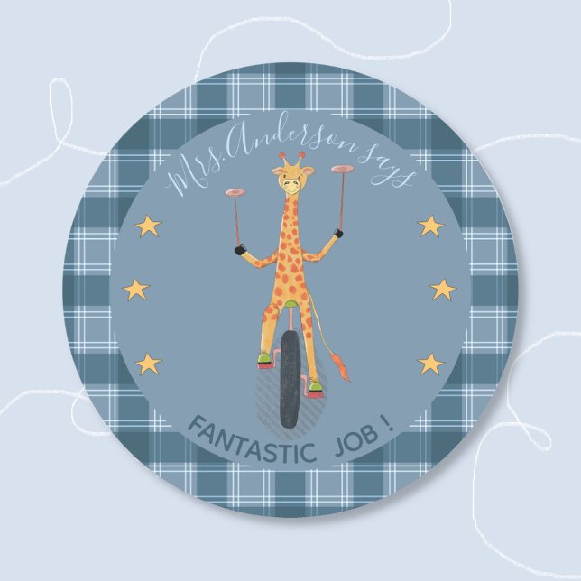Autocollant Bleu de Récompense Étudiant Girafe de  (Circus cartoon giraffe blue round student reward sticker with teacher's name .)