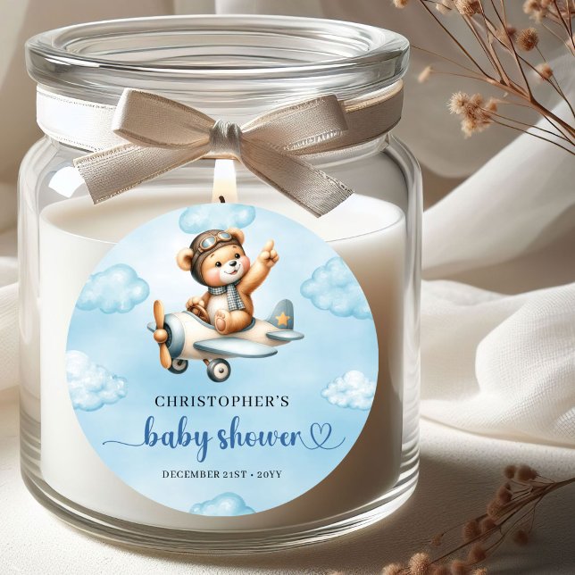Autocollant Bleu Marron Teddy Aviateur Garçon Douc (Sweet Baby Boy Teddy Aviator Blue Brown Sticker)