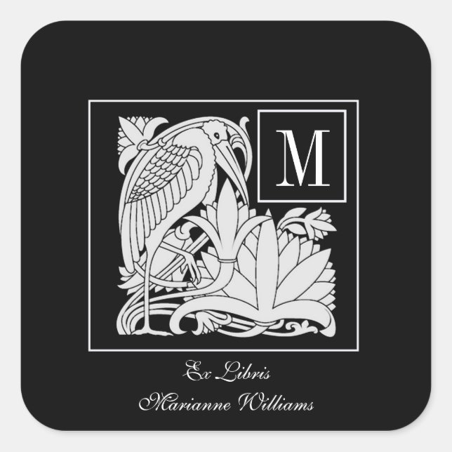 Autocollant Bookplate Art Nouveau Heron Monogram (Devant)