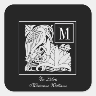 Autocollant Bookplate Art Nouveau Heron Monogram