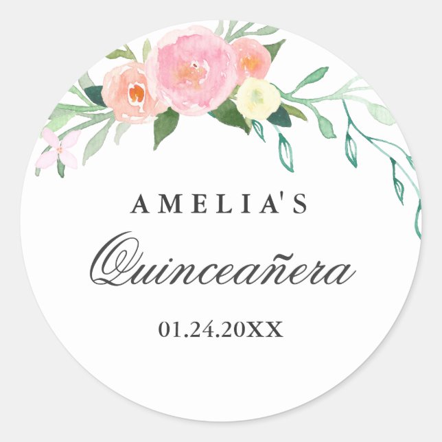 Autocollant Botanique Fleur Aquarelle Quinceanera (Devant)