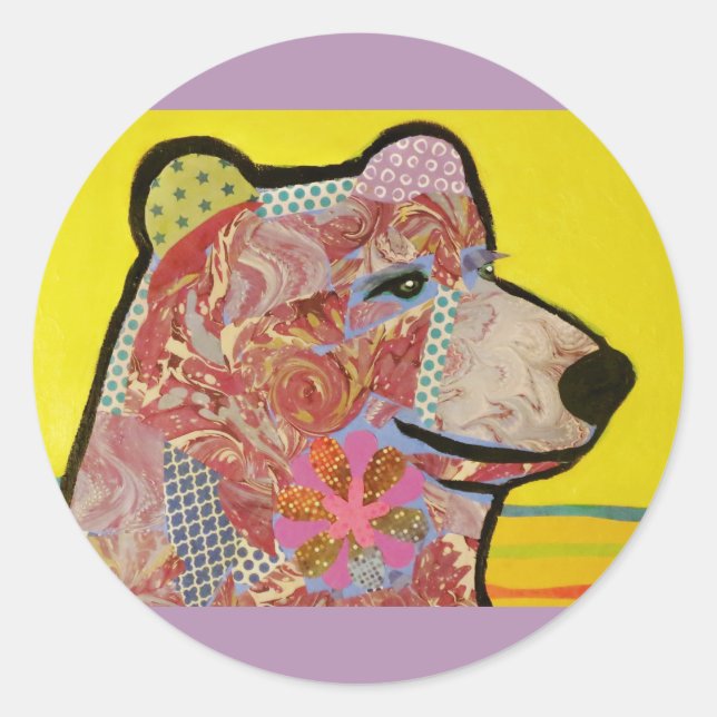 Autocollant brillant rond avec l'ours gris (Devant)