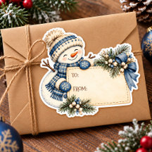 Autocollant Cadeau Aquarelle Noël Bonhomme de Neig