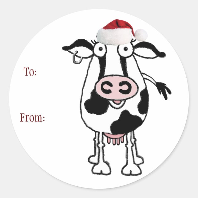 Autocollant cadeau de Noël de vache : À : De : (Devant)